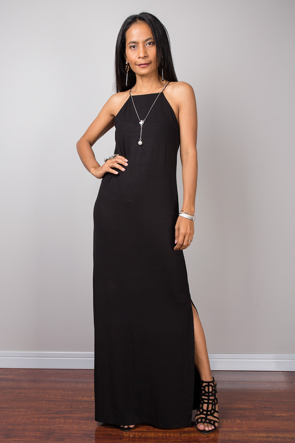 long black halter dress